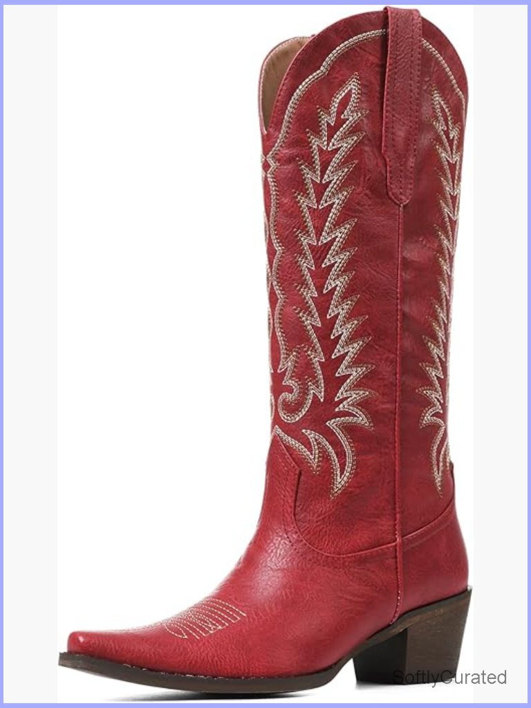 Embroidered Knee High Cowgirl Boots Pointed Toe Chunky Heel